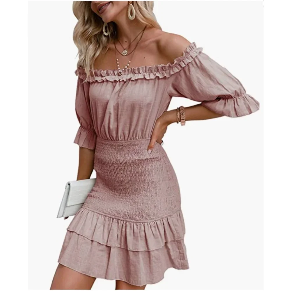 Blush Pink Ruffle Smocked Off Shoulder Lantern Sleeve Bodycon Mini Dress Sundres - Picture 4 of 7